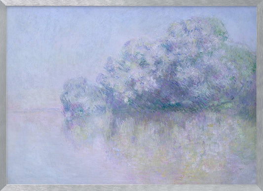 An impressionist painting in a silver frame, depicting a hazy, atmospheric landscape. A grove of trees, painted in soft strokes of purple, lavender, and blue, is reflected in the calm water below. The overall mood is serene and dreamlike due to the soft focus and blended pastel colors. Decor