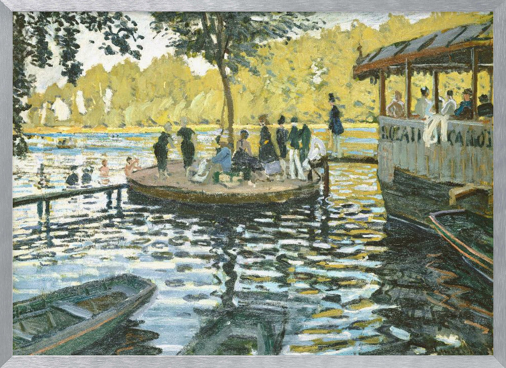 A framed reproduction of Claude Monet's impressionist painting, 'Bain à la Grenouillère'. The scene captures a riverside leisure spot with people on a small island and on a floating restaurant, with the water rendered in shimmering strokes of blue, green, and yellow. Poster