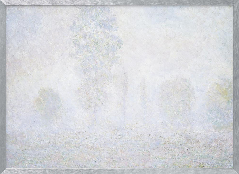 An impressionist painting of a foggy or frosty landscape, rendered in pale, hazy shades of white, gray, and light blue, with faint outlines of trees. The artwork is presented in a simple silver frame. Artwork