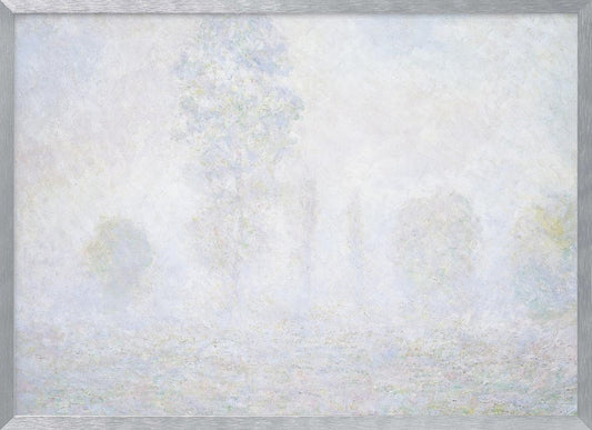 An impressionist painting of a foggy or frosty landscape, rendered in pale, hazy shades of white, gray, and light blue, with faint outlines of trees. The artwork is presented in a simple silver frame. Artwork