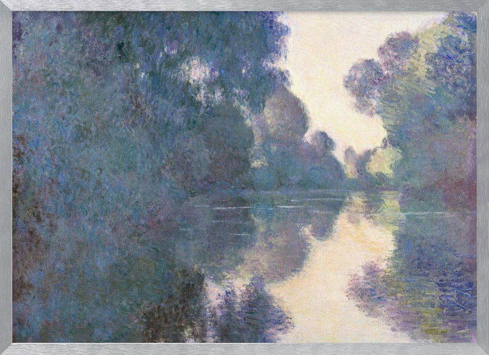 An Impressionist painting in a silver frame depicting a hazy river scene. Lush trees in shades of blue and purple line the banks, their forms and a patch of pale yellow sky softly reflected in the calm water. Artwork