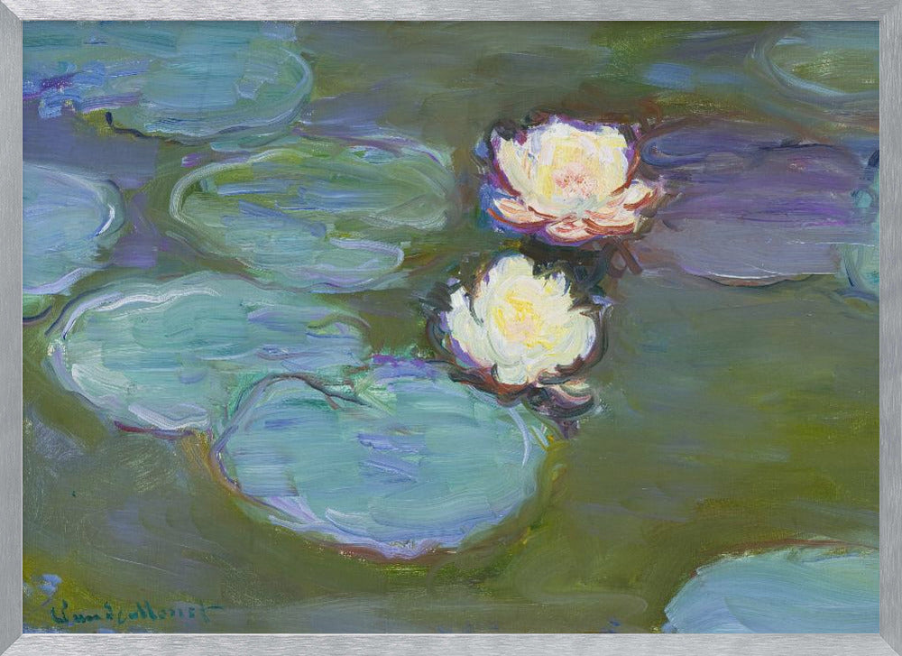 An Impressionist painting by Claude Monet of two white water lilies floating on a pond among large, blue-green lily pads, captured with thick, visible brushstrokes and framed in a silver frame. Print