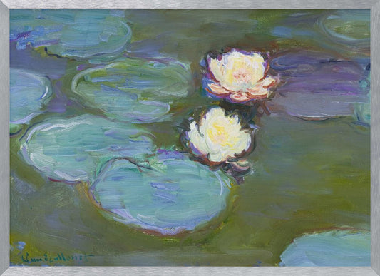 An Impressionist painting by Claude Monet of two white water lilies floating on a pond among large, blue-green lily pads, captured with thick, visible brushstrokes and framed in a silver frame. Print