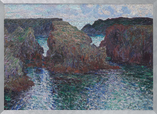 An impressionist painting of a rocky sea coast, featuring dark, craggy cliffs surrounding a turbulent channel of blue and green water under a pale, cloudy sky. The artwork is presented in a modern silver frame. Print