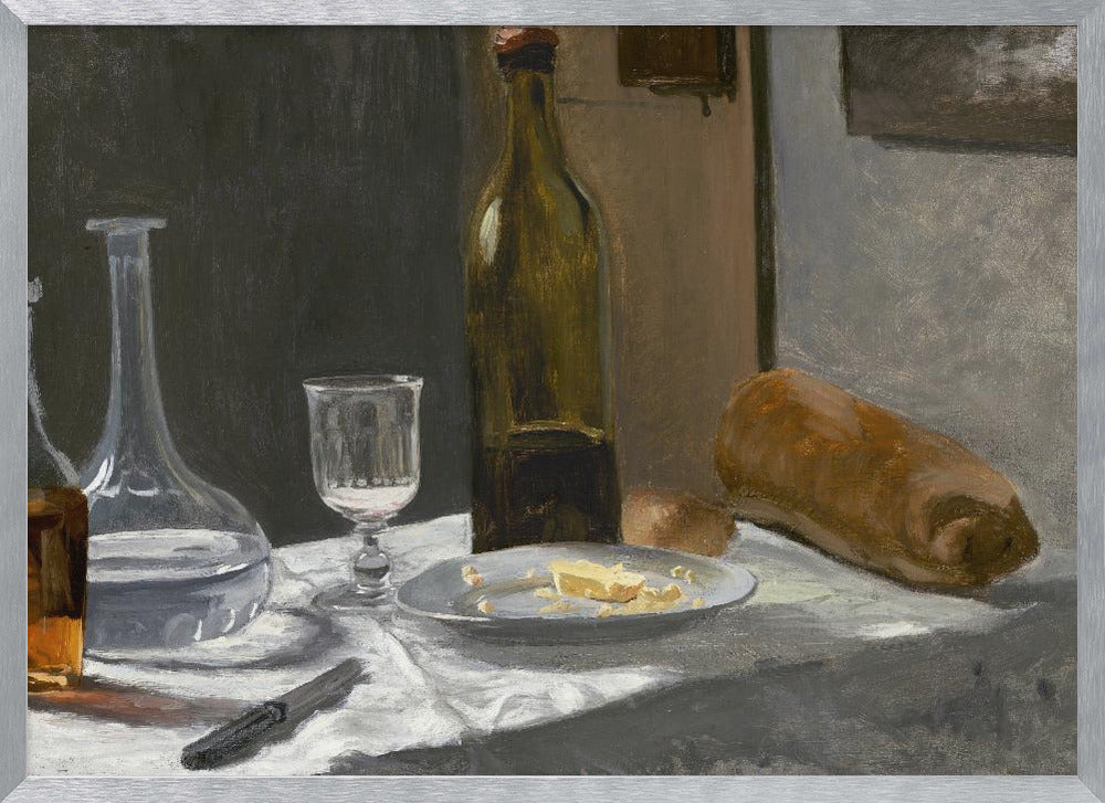 A classic still life oil painting depicting a simple meal on a white tablecloth, featuring a bottle of wine, a water decanter, a glass, a plate with cheese, a loaf of bread, and a knife, all set against a dark, moody background and framed in silver. Wall Art