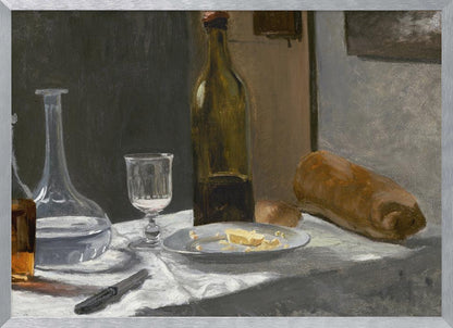 A classic still life oil painting depicting a simple meal on a white tablecloth, featuring a bottle of wine, a water decanter, a glass, a plate with cheese, a loaf of bread, and a knife, all set against a dark, moody background and framed in silver. Wall Art