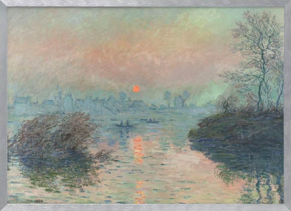 A framed Impressionist painting of a sunrise over a hazy harbor. The orange sun is reflected in the blue-gray water, where small boats float. In the background, the faint outlines of a city are visible through the mist. Poster