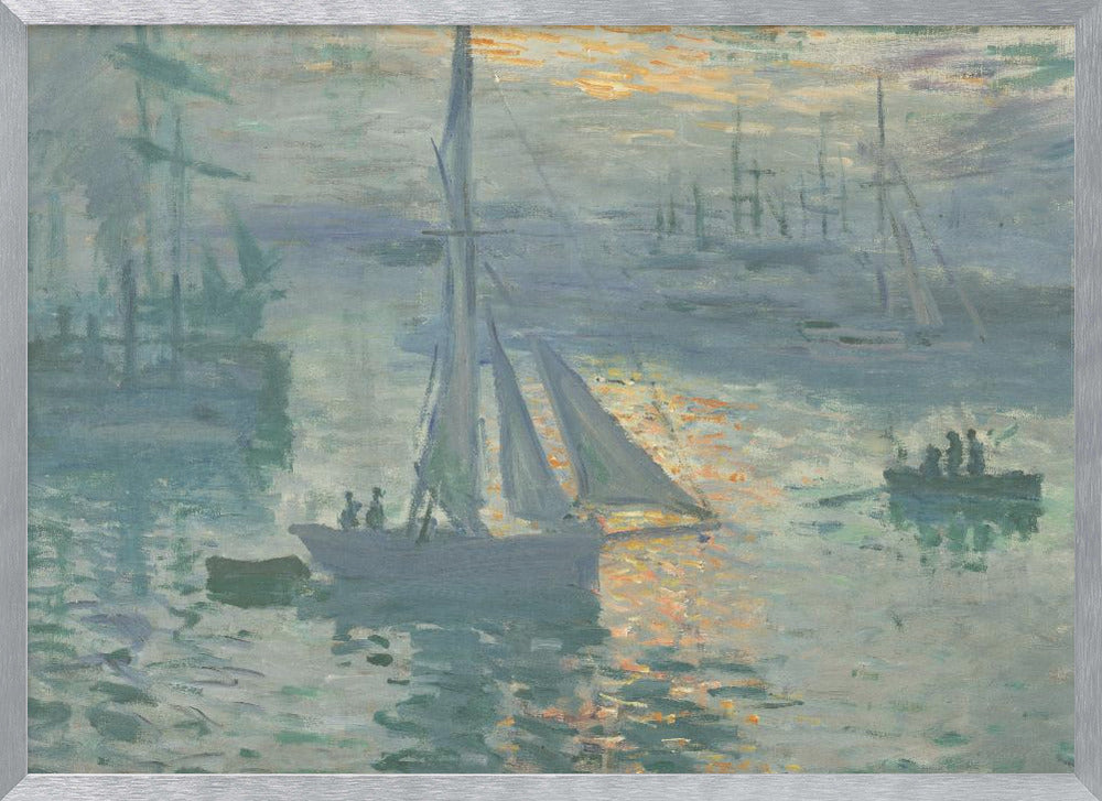 A framed print of Claude Monet's famous Impressionist painting, 'Impression, Sunrise'. The artwork depicts a misty harbor scene in muted blue and grey tones. A bright orange sun is visible through the haze, its light reflecting on the water's surface. Several boats, including a prominent sailboat in the foreground, are silhouetted against the dawn light. Print