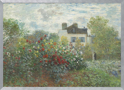 An Impressionist painting of a vibrant garden overflowing with red, yellow, and white flowers in the foreground. Behind the lush foliage, a light-colored house with a dark roof and blue shutters is visible under a pale blue sky with soft white clouds. Print