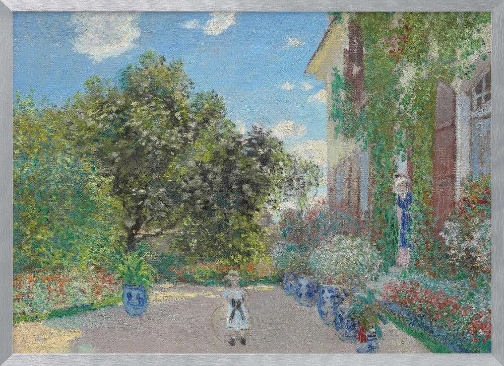 An Impressionist painting of a lush garden on a sunny day. A young girl with a hoop stands on a path lined with blue pots, leading to a vine-covered house where a woman stands in a doorway. Lush green trees and vibrant flowers fill the scene under a blue sky. Decor