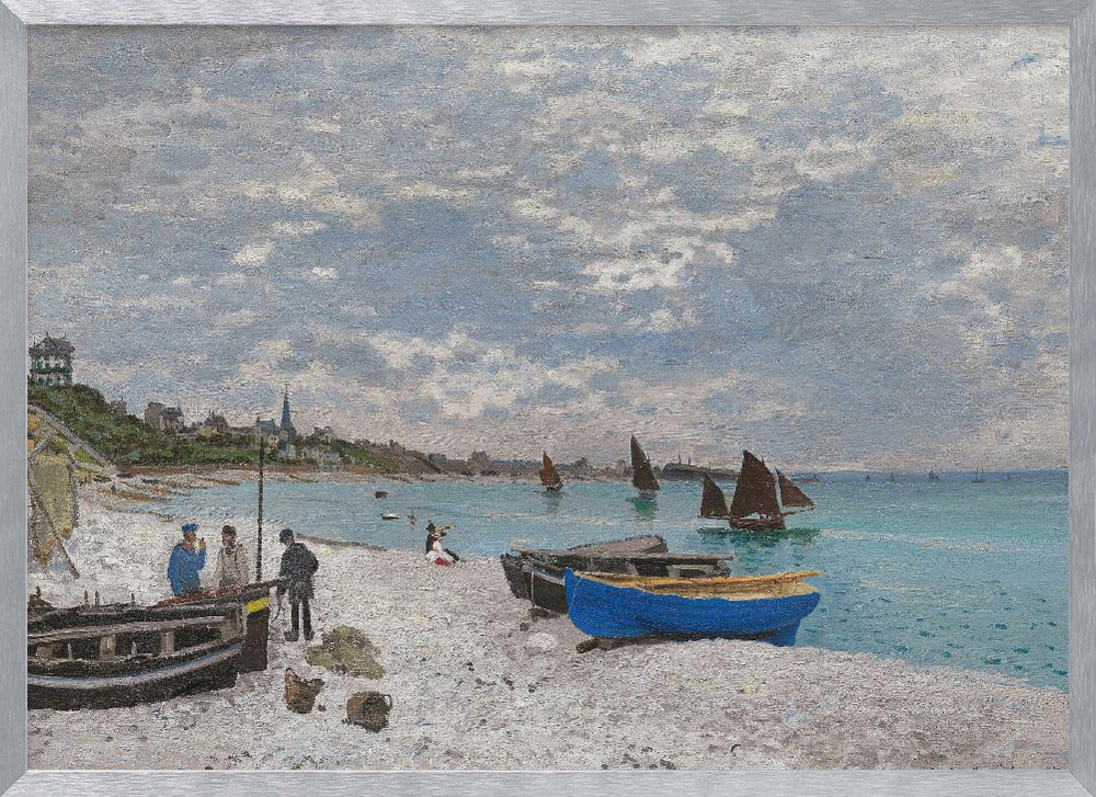An impressionist painting of a coastal scene, 'The Beach at Sainte-Adresse' by Claude Monet. The artwork features a pebbled beach with several fishing boats pulled ashore, including a vibrant blue one in the foreground. People are scattered along the beach, and sailboats dot the turquoise water under a vast, cloudy sky. A town with a church steeple is visible along the coastline in the background. Wall Art