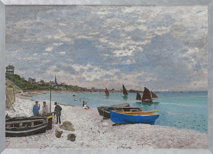 An impressionist painting of a coastal scene, 'The Beach at Sainte-Adresse' by Claude Monet. The artwork features a pebbled beach with several fishing boats pulled ashore, including a vibrant blue one in the foreground. People are scattered along the beach, and sailboats dot the turquoise water under a vast, cloudy sky. A town with a church steeple is visible along the coastline in the background. Wall Art