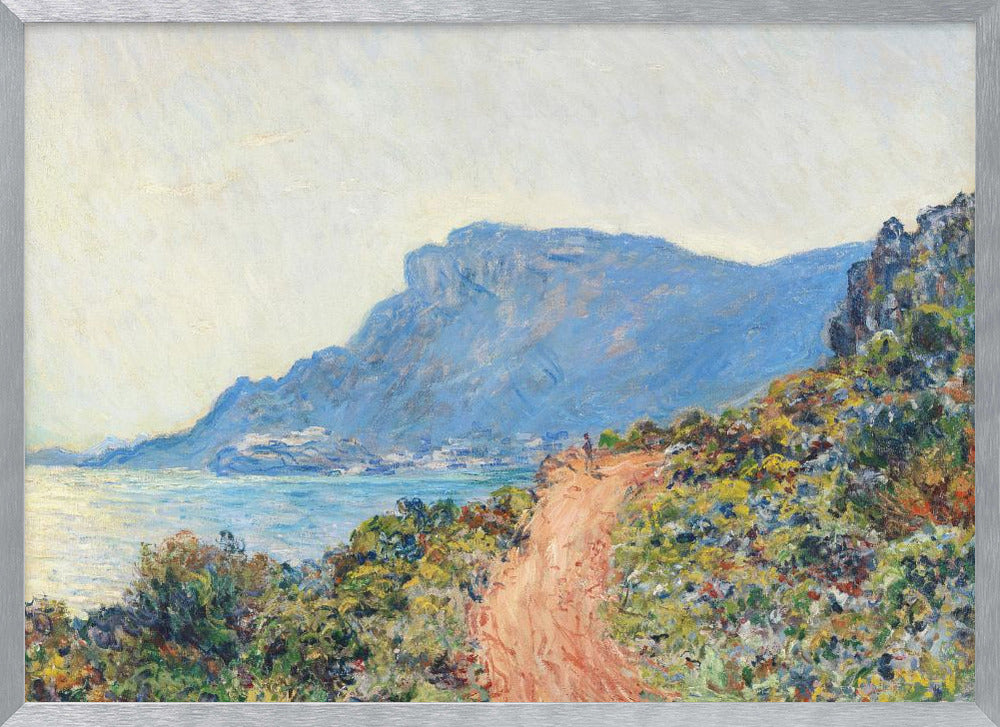 An impressionist painting of a winding terracotta path along a vibrant, green and yellow cliffside, overlooking a calm blue sea. In the background, a large, hazy blue mountain looms over a coastal town under a pale sky. Decor