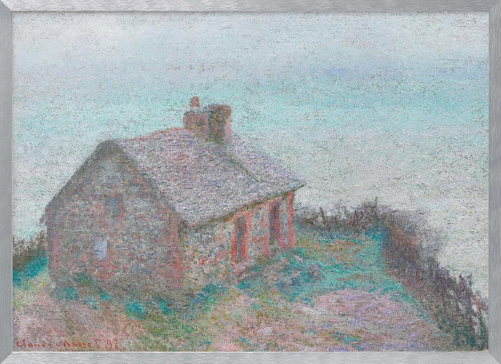 An impressionist painting of a stone cottage on a grassy hill against a pale, hazy sky. The artwork is characterized by its textured, pointillist brushwork and a soft, muted color palette of greys, pale blues, pinks, and greens, creating a serene and atmospheric scene. The painting is displayed in a modern silver frame. Decor