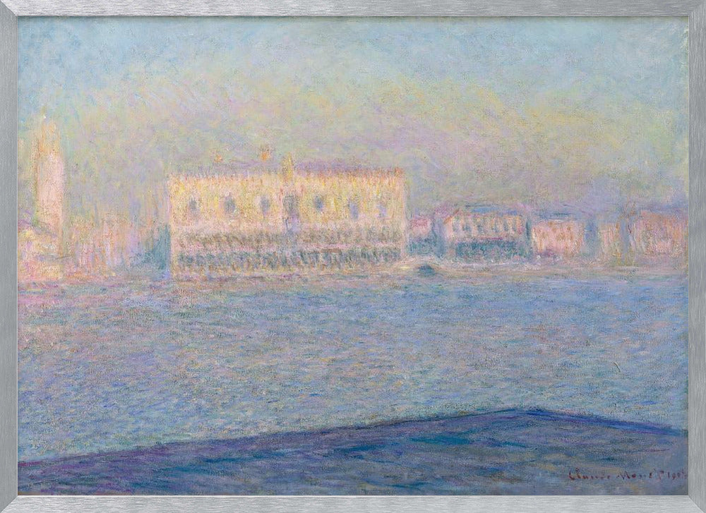 An impressionist painting by Claude Monet of the Doge's Palace in Venice, viewed across the water. The scene is depicted in a hazy, dreamlike atmosphere with a pastel color palette of blues, yellows, and purples, framed in a simple silver frame. Print