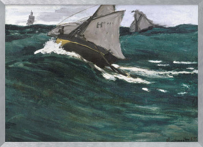 An impressionist painting depicting sailboats navigating a rough, dark green sea under a cloudy sky. The central boat is shown cutting through a large wave, creating white spray, giving the scene a dynamic and dramatic feel. The artwork is housed in a silver frame. Poster