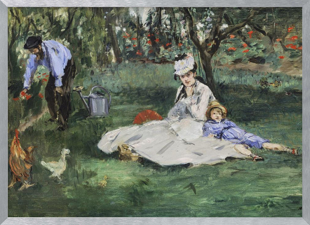A framed impressionist painting by Édouard Manet, 'The Monet Family in Their Garden at Argenteuil', showing a woman and a child resting on a green lawn while a man tends to flowers in the background. Chickens roam in the foreground of the idyllic garden scene. Poster