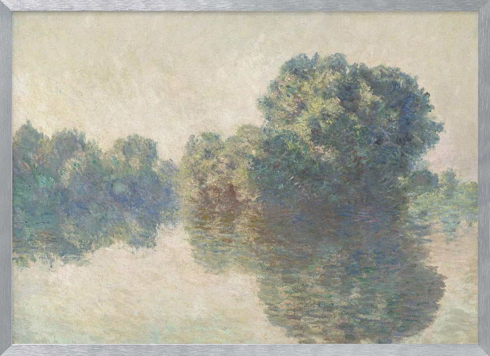 An Impressionist landscape painting of lush green trees reflecting on the calm, hazy water of a river. The soft, muted colors and gentle brushstrokes create a serene and peaceful scene, framed in silver. Artwork