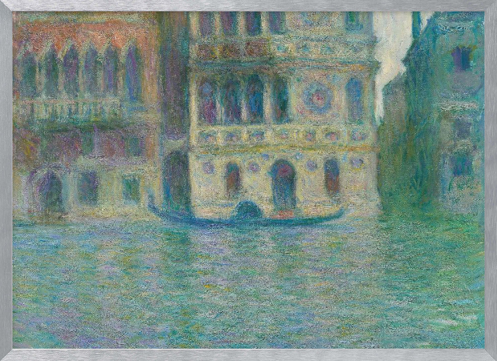 An impressionist painting depicting ornate Venetian palaces along a canal. The buildings are rendered in soft yellows, oranges, and purples, while the water is a textured expanse of blues and greens. A solitary gondola floats in the water. The artwork is presented in a simple silver frame. Poster