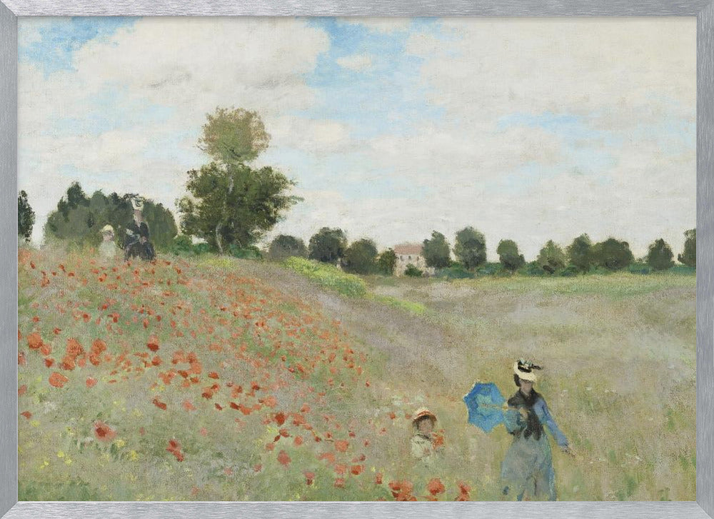 A framed Impressionist painting by Claude Monet titled 'Poppy Field,' depicting women and children strolling through a vibrant field of red poppies under a partly cloudy sky, with trees and a house in the distance. Print