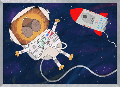 A whimsical cartoon illustration of a lion astronaut floating in deep space. The lion, wearing a white spacesuit and helmet, has a wide-eyed expression. A red and white toy rocket labeled 'Space Shuttle Explorer' flies nearby against a dark blue, star-filled background. Poster