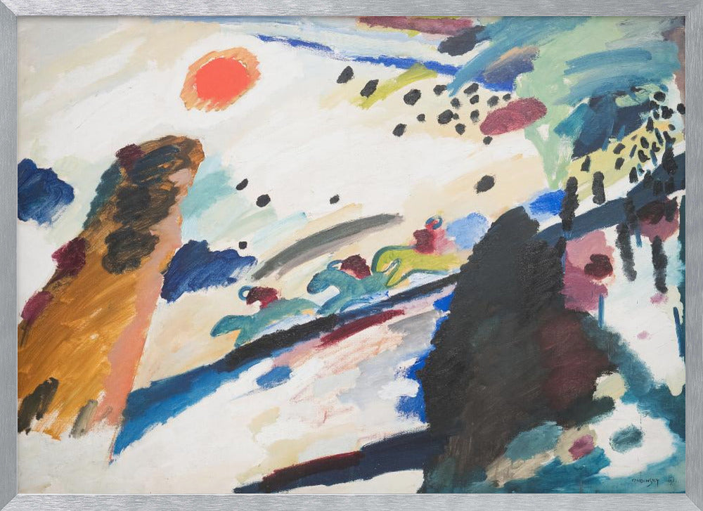 Abstract painting by Wassily Kandinsky in a silver frame. The dynamic composition features a red-orange sun, stylized figures of jockeys on racing horses, and energetic brushstrokes of blue, black, brown, and green on a white canvas. Artwork