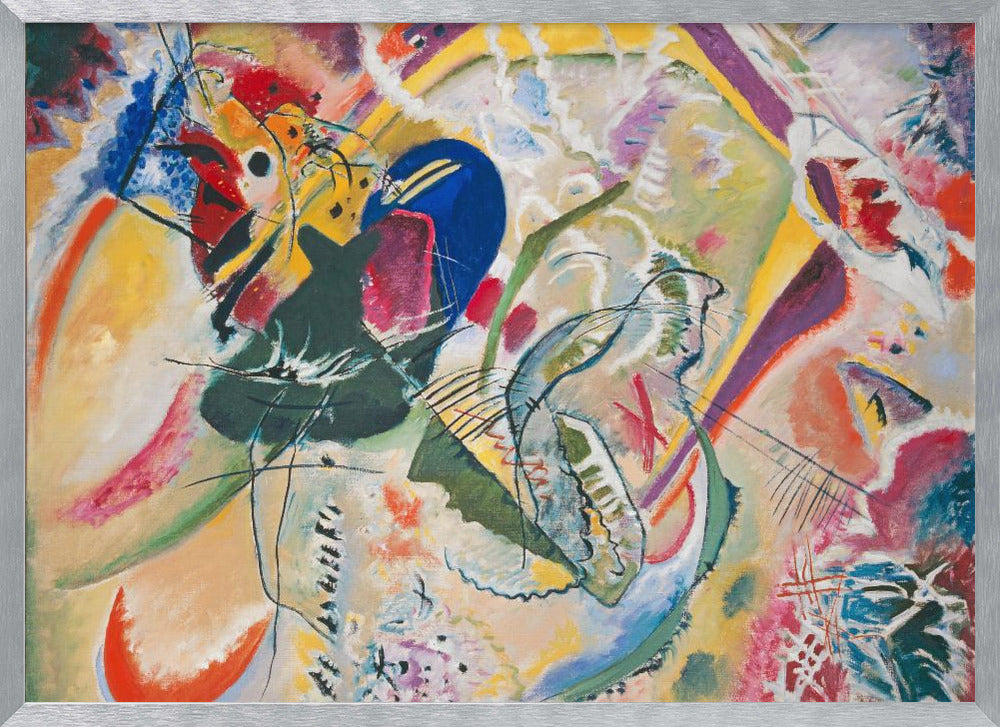A vibrant and chaotic abstract painting by Wassily Kandinsky, presented in a silver frame. The artwork is a whirlwind of bold colors like yellow, blue, red, and green, with dynamic, intersecting black lines and a variety of shapes creating a sense of energetic movement. Print