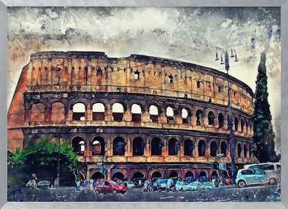 A watercolor-style digital painting of the Roman Colosseum under a cloudy, textured sky. The ancient amphitheater's arched structure dominates the scene, with a busy street, cars, and trees in the foreground. The artwork is enclosed in a silver, weathered frame. Decor