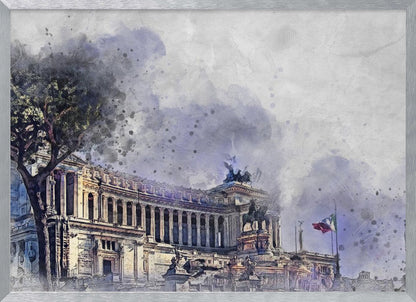 A watercolor-style painting of the Altar of the Fatherland in Rome, Italy, depicted with dramatic purple and gray skies. The grand classical building features numerous columns and statues, with a large tree on the left and an Italian flag on the right. The artwork has a painterly, splattered effect and is shown in a silver frame. Wall Art