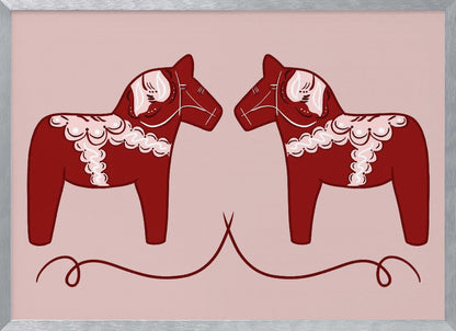 A symmetrical illustration of two red Swedish Dala horses facing each other against a light pink background. The horses are decorated with intricate white and pink folk art patterns. The artwork is presented within a silver frame. Artwork