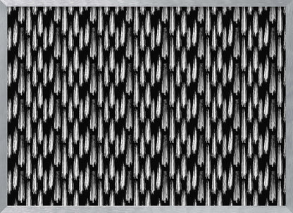 A framed abstract artwork featuring a repeating pattern of textured white vertical brushstrokes on a solid black background, encased in a simple silver frame. Print