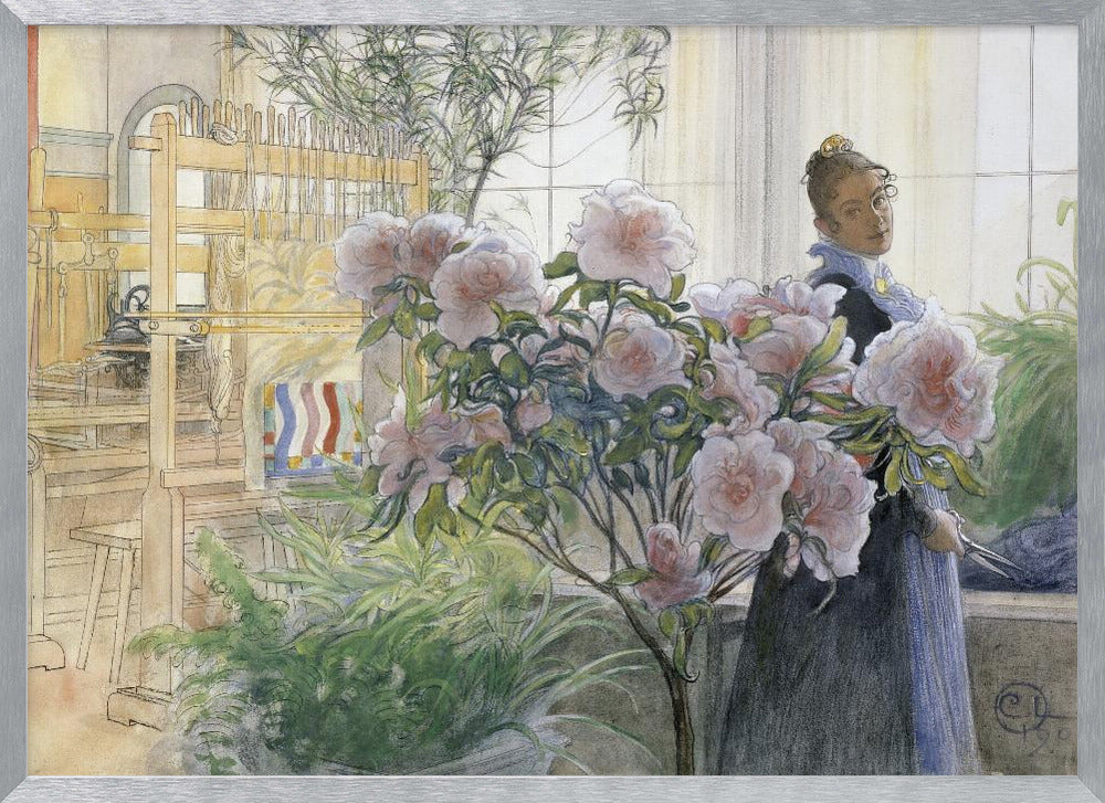 A vintage illustration by Carl Larsson titled 'Azalea', depicting a woman in a dark dress standing in a sunlit room with a large wooden weaving loom. She is partially obscured by a large, blooming pink azalea bush in the foreground. Poster