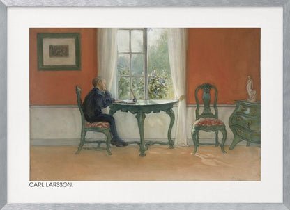 A vintage painting by Carl Larsson depicting a young boy in a dark blue shirt sitting at a green desk, looking out a sunlit window. The room has warm orange-red walls, antique green furniture, and white curtains. Artwork
