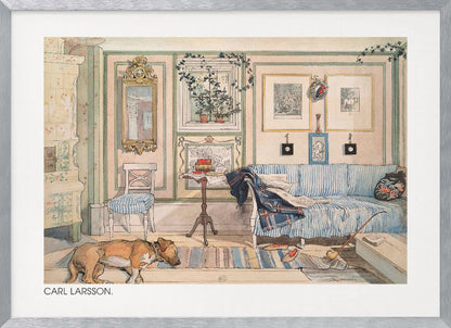 A watercolor painting by Carl Larsson of a cozy, lived-in room. A brown dog sleeps on a striped rug in the foreground, while a blue and white striped sofa sits against a pale pink wall adorned with pictures and a mirror. A traditional tiled stove stands to the left. Print