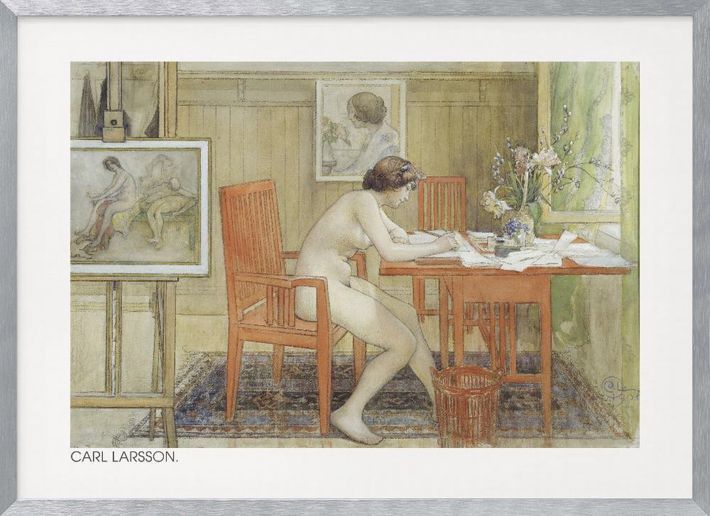 A vintage painting by Carl Larsson depicting a nude woman sitting in profile at a wooden desk, engrossed in writing. The room is a cozy artist's studio with other paintings visible, a vase of flowers on the desk, and a patterned rug on the floor. Artwork