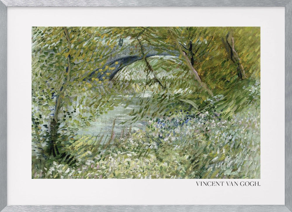 A framed impressionist painting by Vincent van Gogh of a lush green landscape. A river runs through the center, with a dark arched bridge visible in the background through the trees. The foreground is filled with green foliage and white and blue wildflowers, all rendered in thick, expressive brushstrokes. Decor