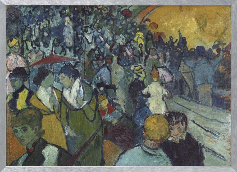 A post-impressionist painting in a silver frame depicting a dense crowd of people at a lively event. The scene is rendered with expressive brushstrokes in a palette of deep blues, greens, and a large area of bright yellow light, conveying a sense of bustling energy and movement. Decor