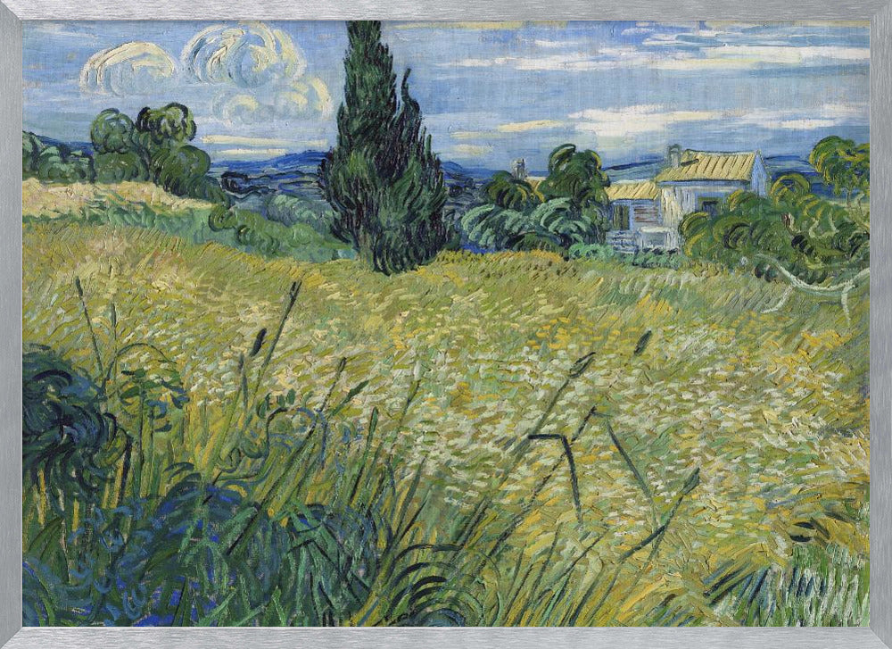 Vincent van Gogh's painting 'Green Wheat Field with Cypress' in a silver frame. The artwork features a vibrant golden-yellow field with green stalks in the foreground, a towering dark green cypress tree at the center, and a small farmhouse in the background under a blue sky with stylized, swirling white clouds. The entire scene is rendered in the artist's characteristic thick, expressive brushstrokes. Print