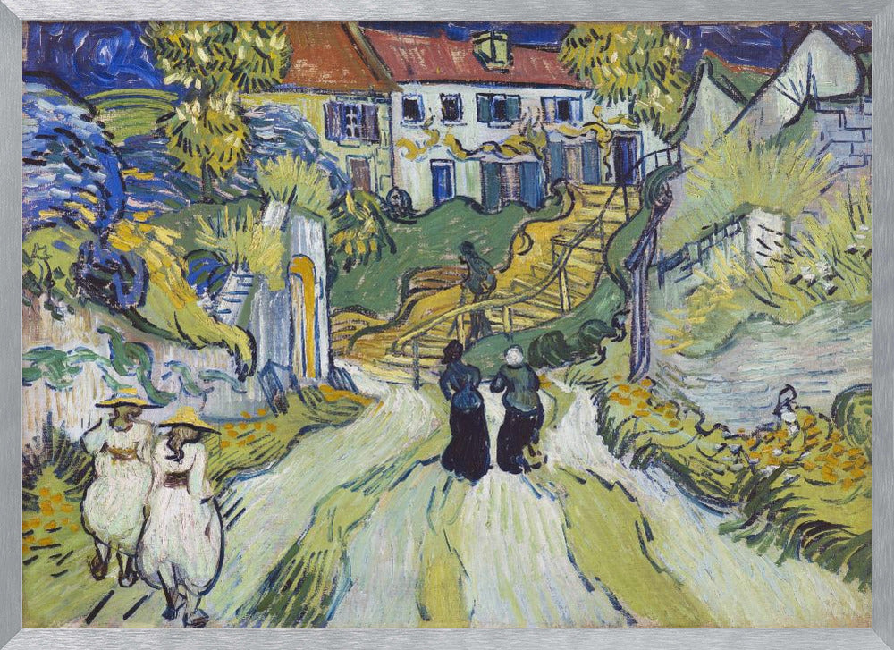 A post-impressionist painting by Vincent van Gogh titled 'Stairway at Auvers'. The artwork depicts a vibrant village scene with figures walking along a winding path up a hill. A prominent house with a red roof sits atop the hill next to a wooden staircase. The landscape is rendered in expressive brushstrokes of green, yellow, and blue, all enclosed within a silver frame. Print
