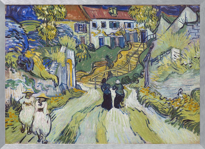 A post-impressionist painting by Vincent van Gogh titled 'Stairway at Auvers'. The artwork depicts a vibrant village scene with figures walking along a winding path up a hill. A prominent house with a red roof sits atop the hill next to a wooden staircase. The landscape is rendered in expressive brushstrokes of green, yellow, and blue, all enclosed within a silver frame. Print
