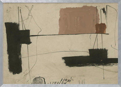 An abstract painting with a beige background featuring bold, black brushstrokes and a large, muted brown rectangular shape. Thin, erratic black lines are scrawled across the canvas, intersecting with the colored forms. The entire piece is framed in a simple silver frame. Wall Art