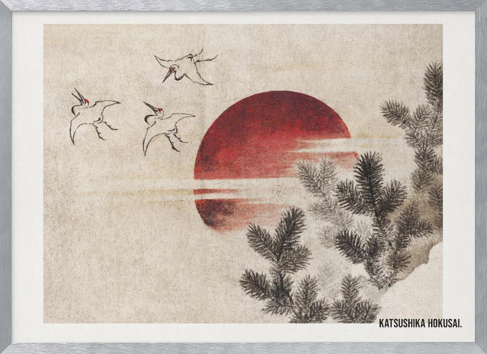 A vintage Japanese Ukiyo-e style painting by Katsushika Hokusai. The artwork features three cranes flying against a large, deep red sun on a textured beige background. In the foreground to the right, dark pine tree branches are depicted in black ink. Decor
