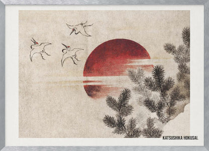 A vintage Japanese Ukiyo-e style painting by Katsushika Hokusai. The artwork features three cranes flying against a large, deep red sun on a textured beige background. In the foreground to the right, dark pine tree branches are depicted in black ink. Decor