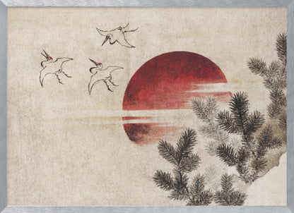 A Japanese-style painting on textured beige paper, featuring a large, vibrant red sun. In the upper left, three cranes are sketched in black ink, flying towards the sun. Dark pine tree branches enter the frame from the right foreground. The entire artwork is displayed within a silver frame. Decor