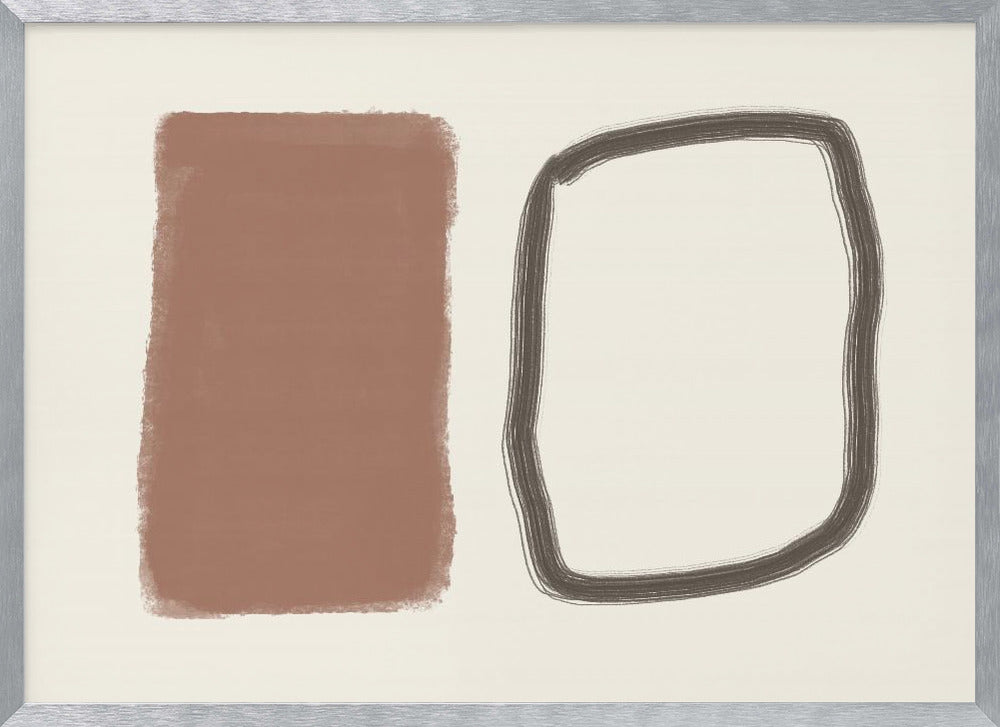A minimalist abstract artwork in a silver frame, featuring a solid terracotta brown rectangle next to a hand-drawn, rounded rectangular outline in charcoal grey, both set against a cream background. Poster