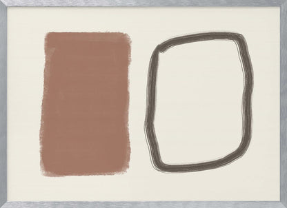 A minimalist abstract artwork in a silver frame, featuring a solid terracotta brown rectangle next to a hand-drawn, rounded rectangular outline in charcoal grey, both set against a cream background. Poster