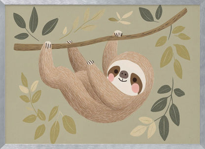 A cute, stylized illustration of a smiling brown sloth hanging upside down from a tree branch. The background is a soft sage green, adorned with various green and cream-colored leaves, creating a gentle and whimsical scene. Print