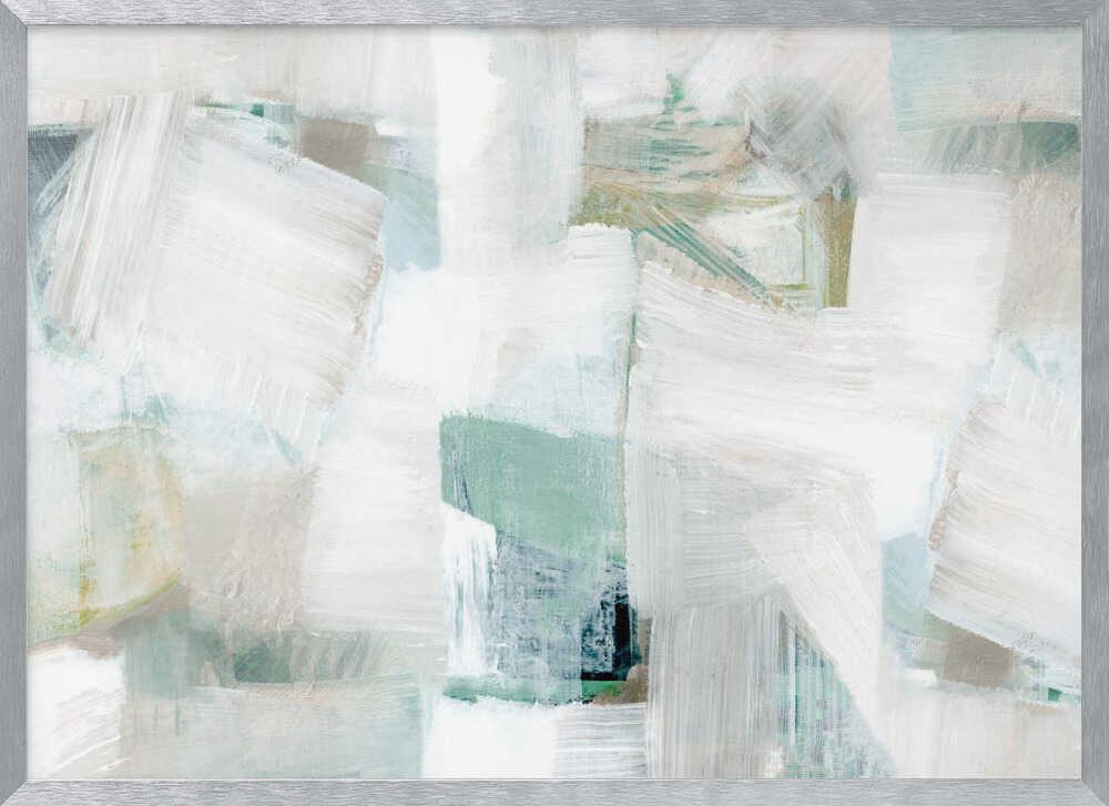 Abstract painting with bold white brushstrokes over a background of soft green, blue, and beige hues in a silver frame.