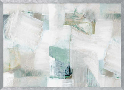 Abstract painting with bold white brushstrokes over a background of soft green, blue, and beige hues in a silver frame.