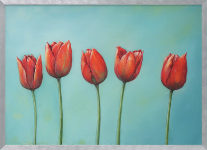 A painting of five vibrant red tulips in a row with long green stems, set against a solid light teal background and enclosed in a silver frame. Wall Art